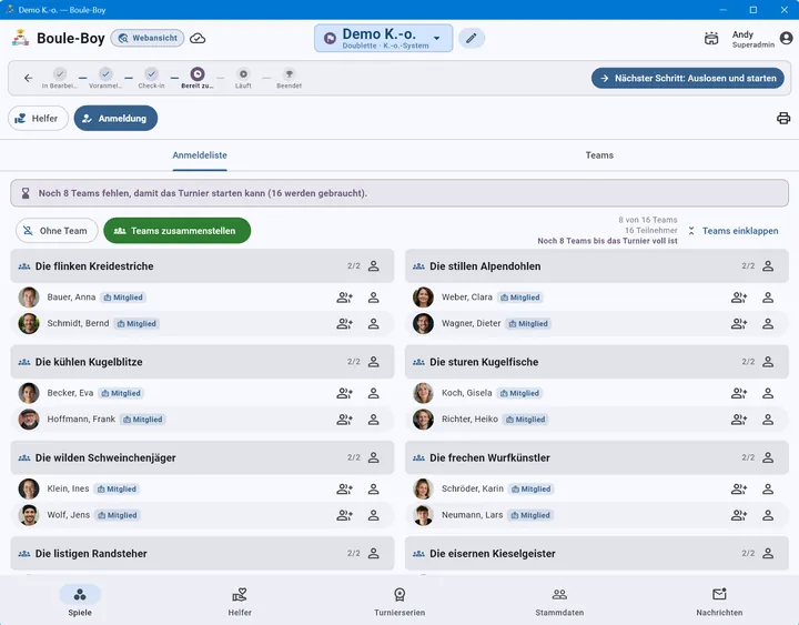 Anmeldeliste mit Teams und Arbeitsschritten bis zum Turnierstart